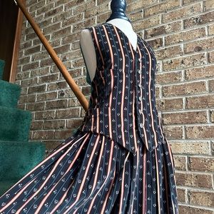 VTG 80s 90s NWT Black Striped Floral Corduroy Midi Skirt & Vest Set